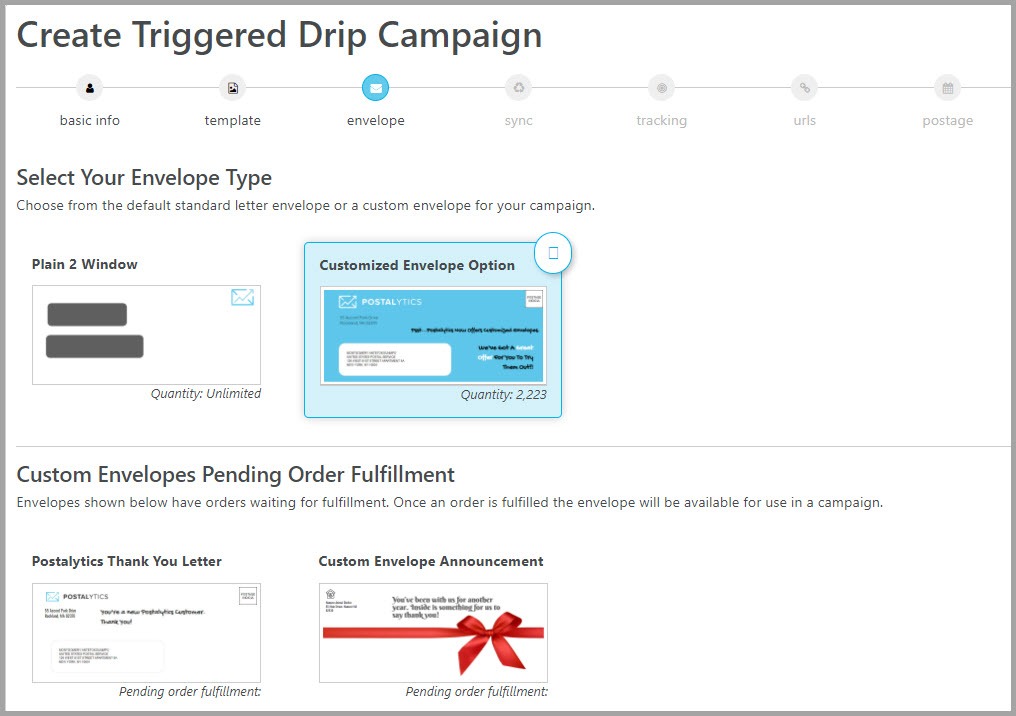 Custom Envelope Option in Triggered drip campaign wizard Postalytics