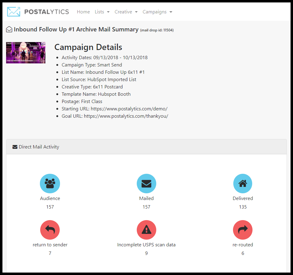 archived campaign dashboard - Postalytics