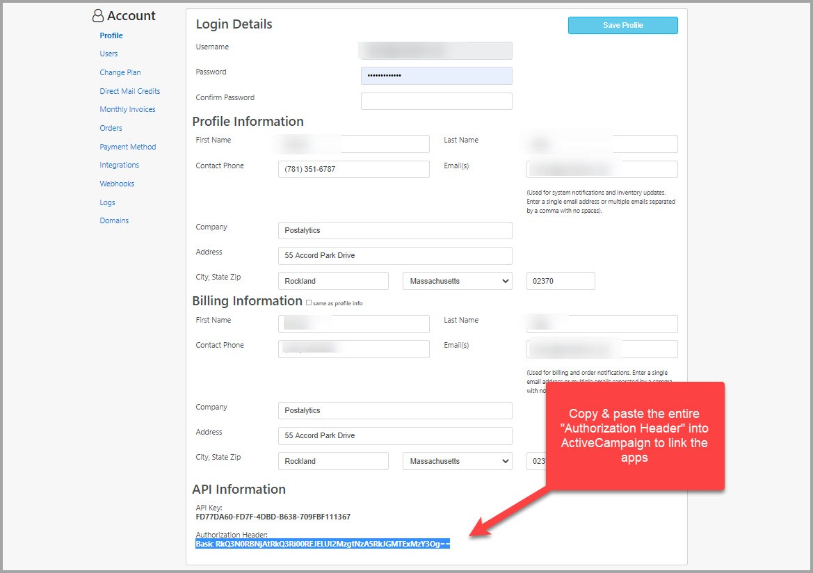 Copy authorization header from Postalytics profile
