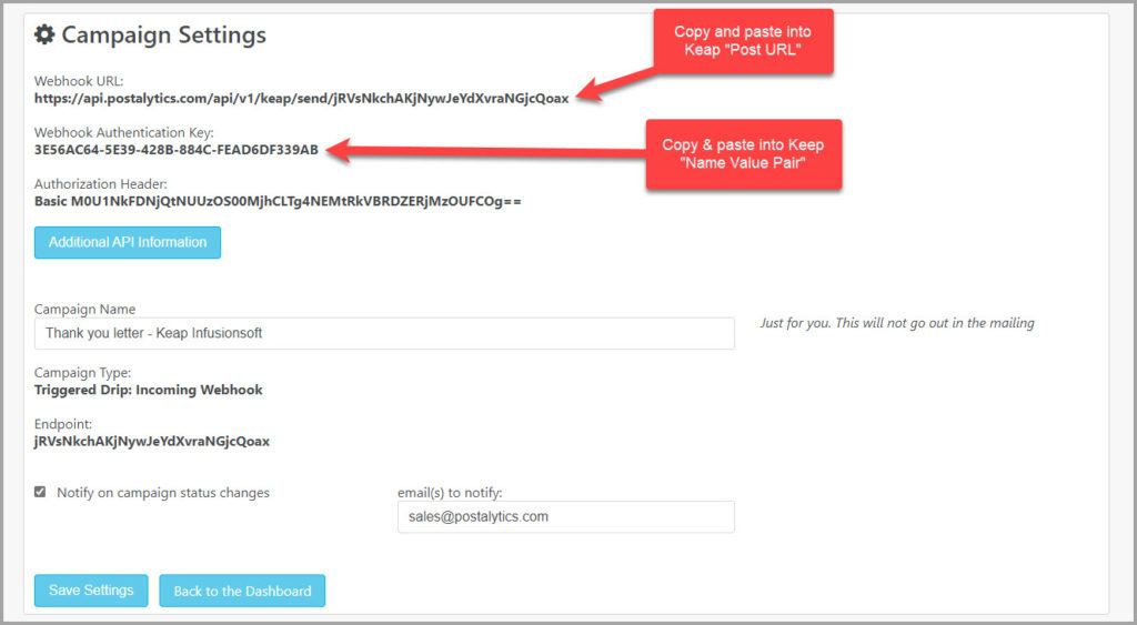 Triggered Drip campaign settings to copy to Keap HTTP Post