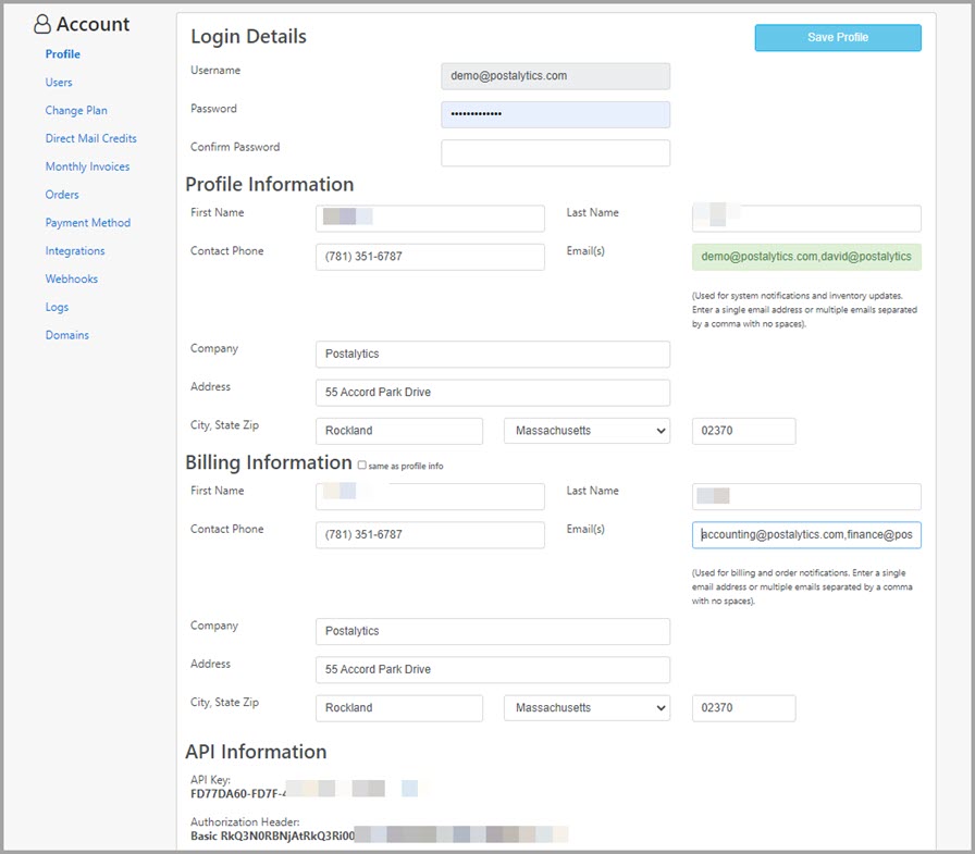 Postalytics profile page with API key