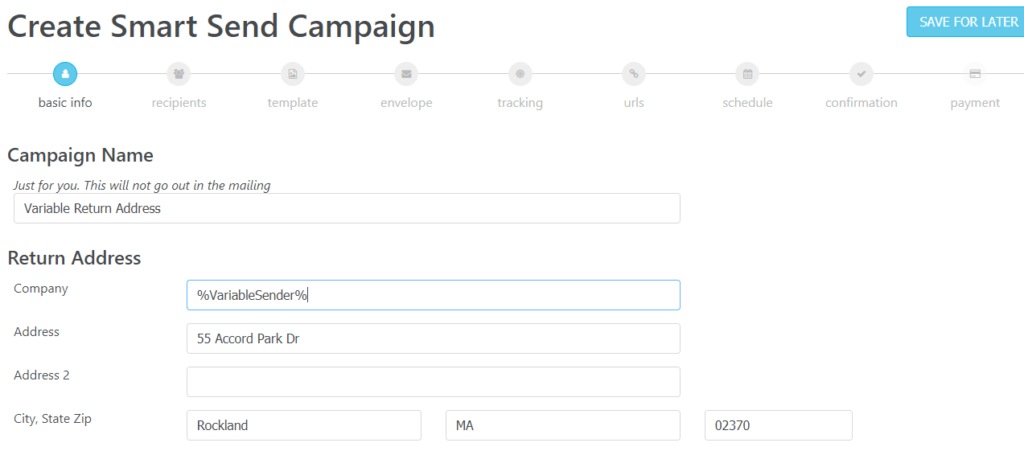 Variable Return Address Smart Send Campaign Wizard Setup