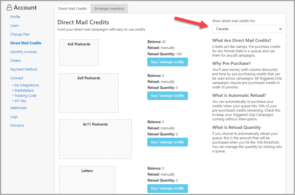 Canada specific direct mail credits page