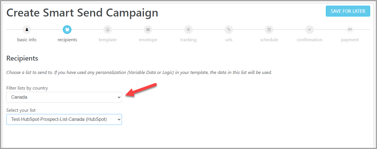 Filter Lists by country for Canada direct mail automation release