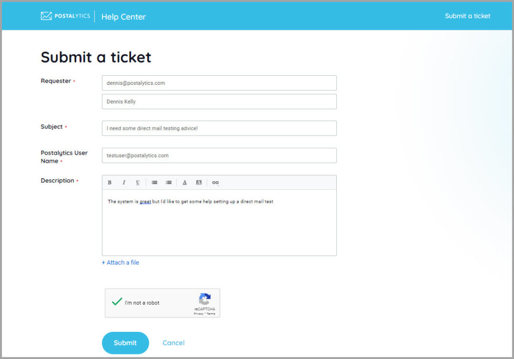 Submit a support ticket form