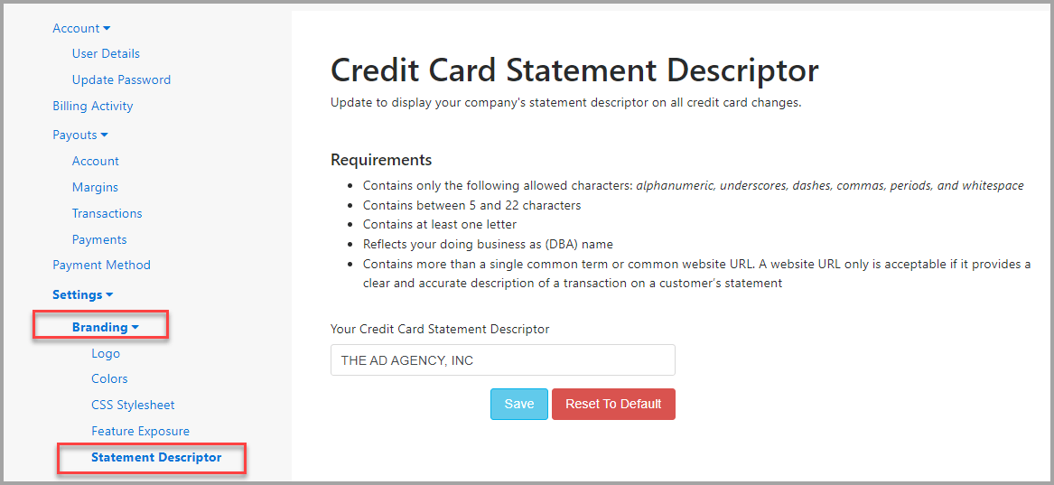 Postalytics Agency Edition Update credit card description