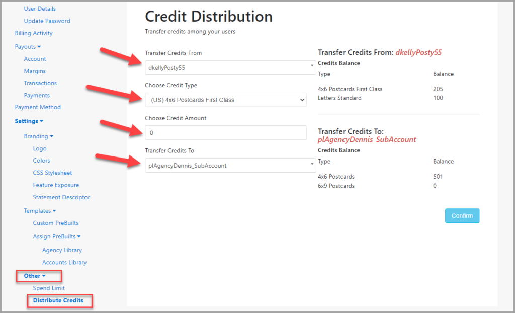 Postalytics Agency Edition Update credit distribution