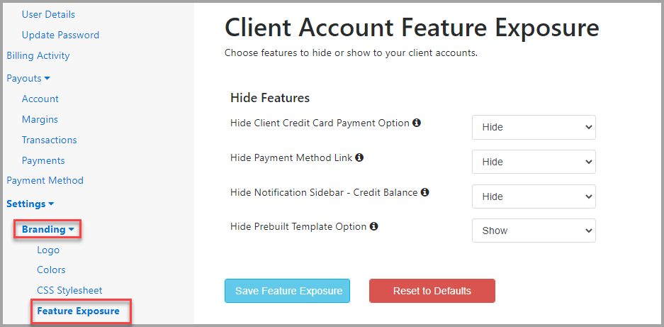 client account feature exposure