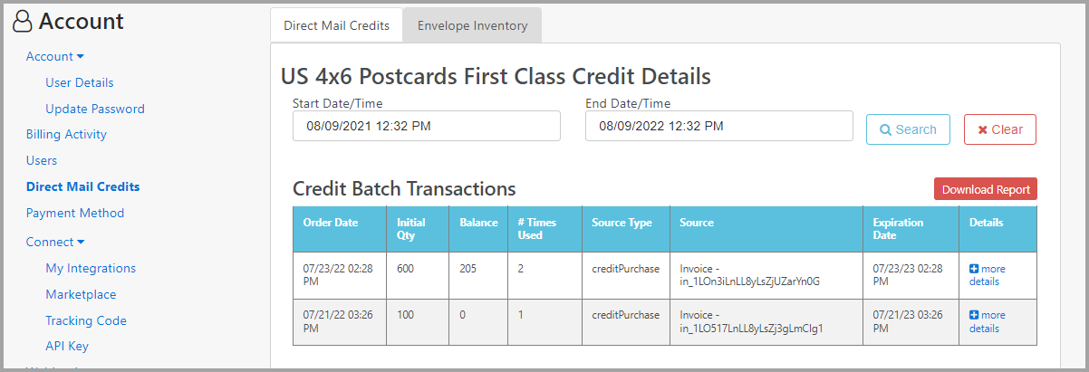 direct mail credits transaction history