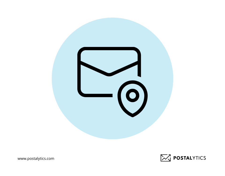 Icon of an envelope with a location pin, illustrating how compiled mailing lists help target recipients based on geographic and demographic data.