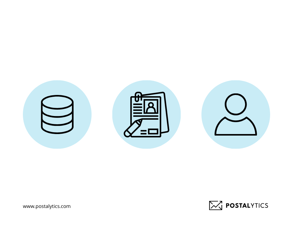 Icons representing a database, a CRM system, and a customer profile, showcasing how internal databases and automation improve mailing list management.