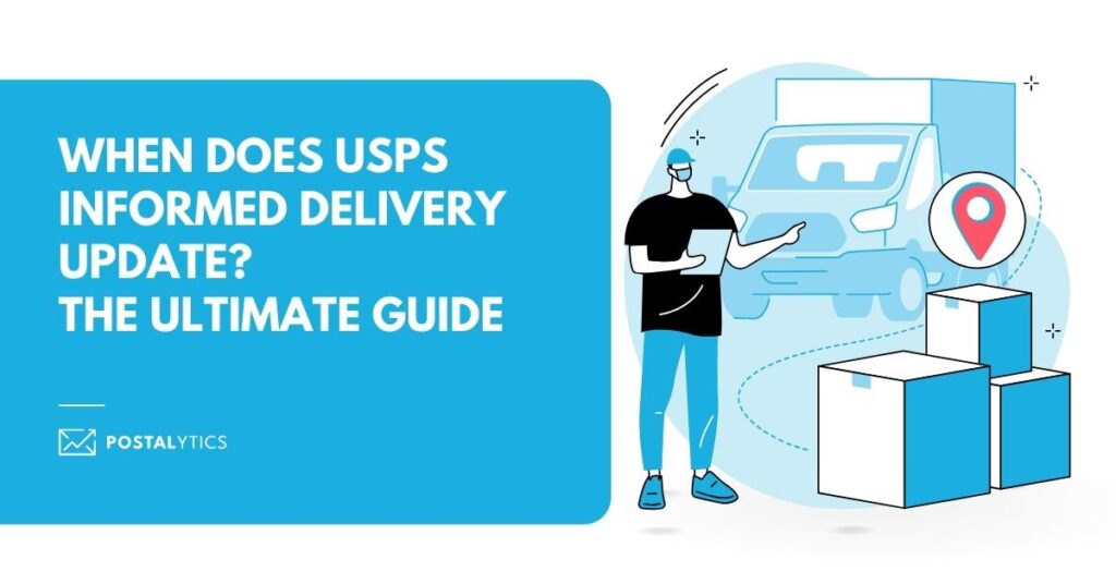 text field on the left and a man with a cap and mask on the right pointing at a delivery truck and delivery boxes