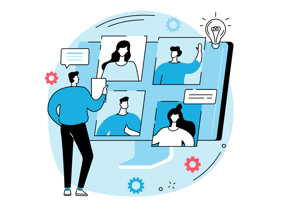 Illustration of a person presenting to a team on a virtual call, representing finding real estate leads online