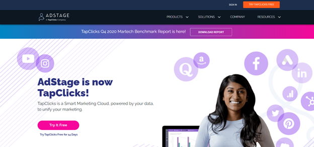 A screenshot of TapClicks' landing page