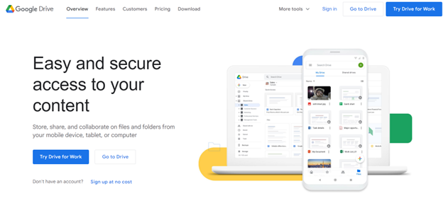 A screenshot of Google Drive's landing page