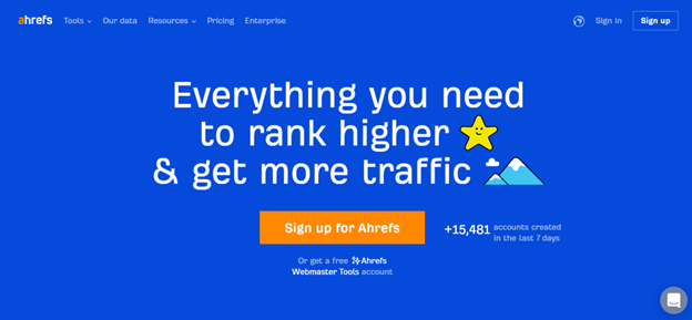 A screenshot of Ahrefs landing page