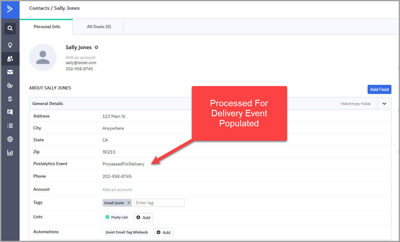 ActiveCampaign Contact updated with Postalytics delivery events