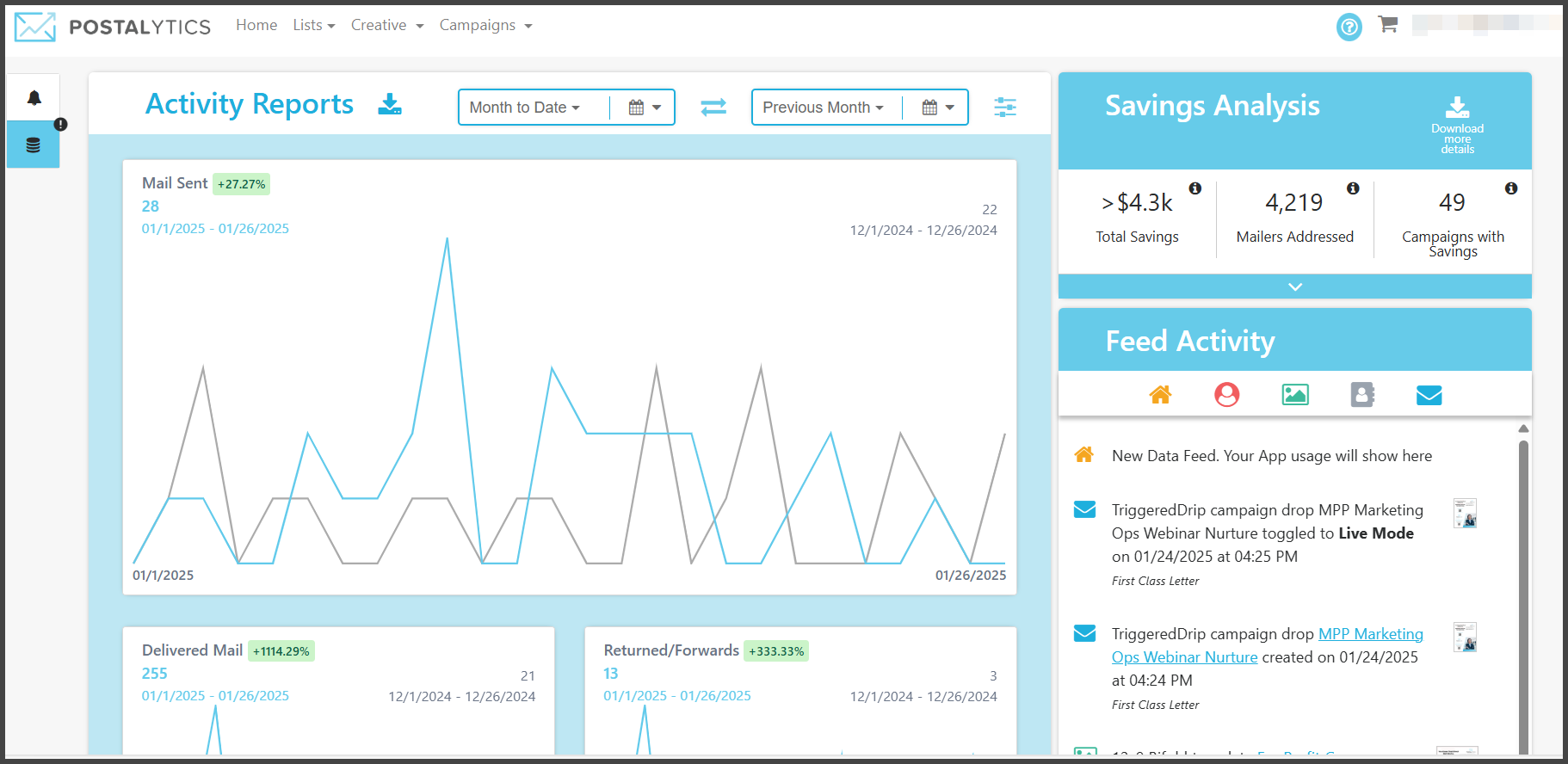Home dashboard Postalytics