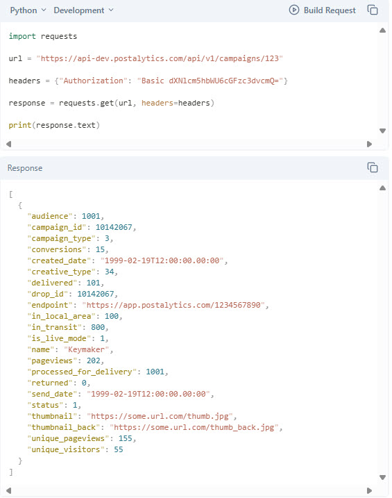 Postalytics API Get Campaign Stats Python